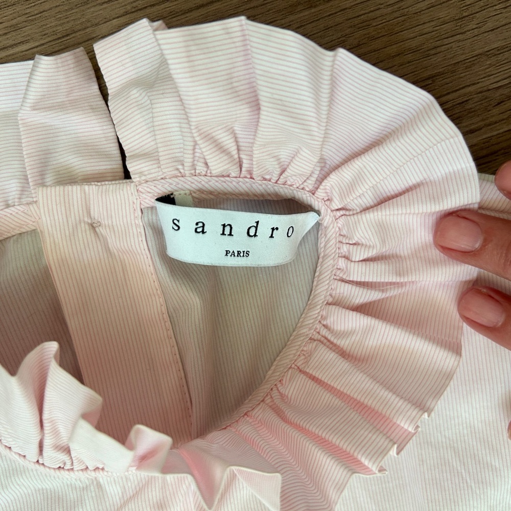 Women’s Sandro Ruffle Neck Pin Stripe Long Sleeve Blouse Top Size Medium - Picture 6 of 13